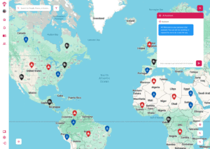 Geo-viz sample of a map zoomed out, a user has activated the AI Assistant and the assistant has sent a message.