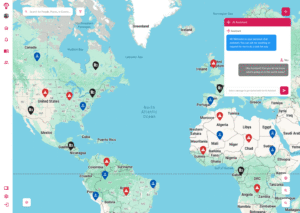 Geo-viz sample of a map zoomed out, a user has activated the AI Assistant and the assistant has sent a message and the user has replied.