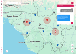 Geo-Viz map zoomed in on Guinea, the AI Assistant is notifying the user that they have people affected by an alert.